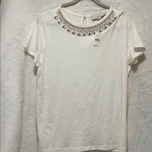 LOFT White Short Sleeve Top with Embellished Neckline
